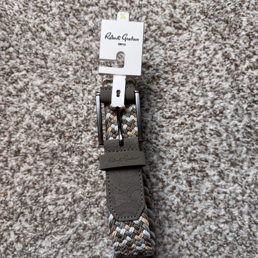 Robert Graham Jacob Men's 34 Braided Belt Tan Grey‎ Paisley Leather Trim New